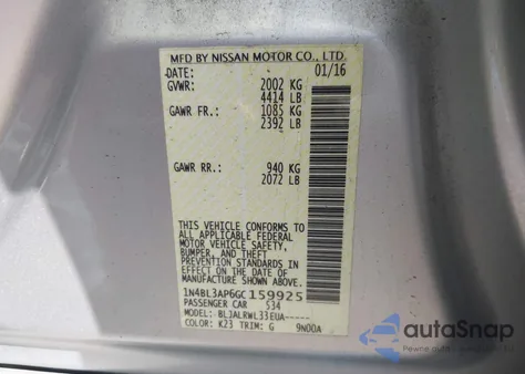 2016 Nissan Altima 3.5 Sl/3.5 Sr из США, поврежденный, VIN 1N4BL3AP6GC159925